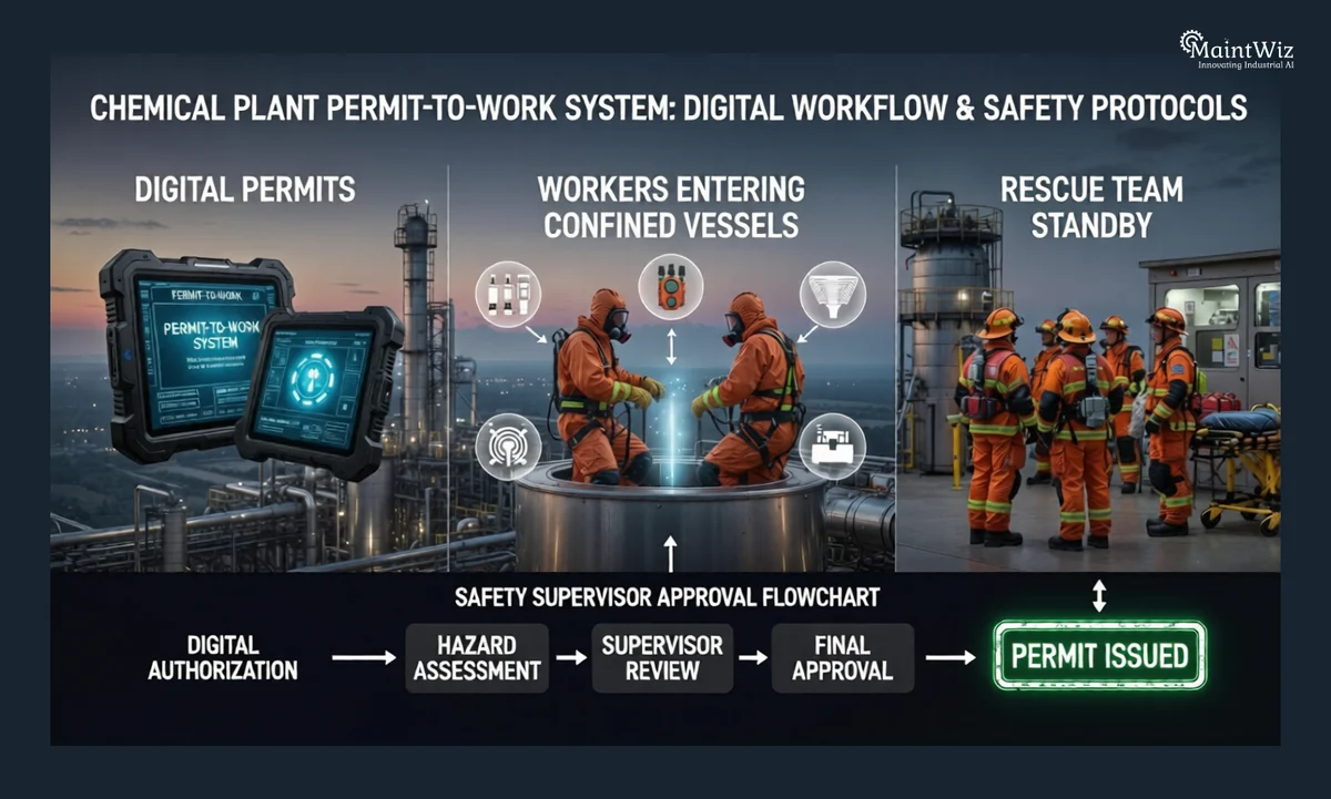 Chemical plant permit-to-work flow: digital permits, workers entering a confined vessel and a rescue team on standby