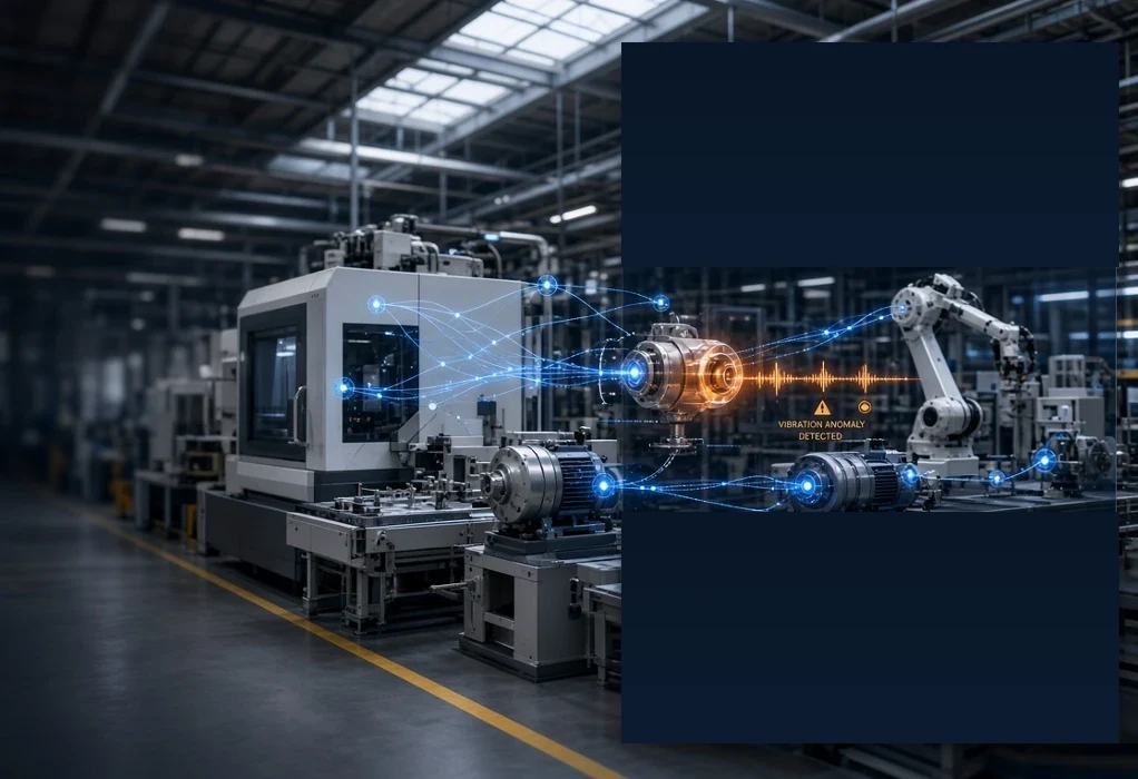 Industrial plant floor with a motor-driven machine flagged for a vibration anomaly by connected sensors