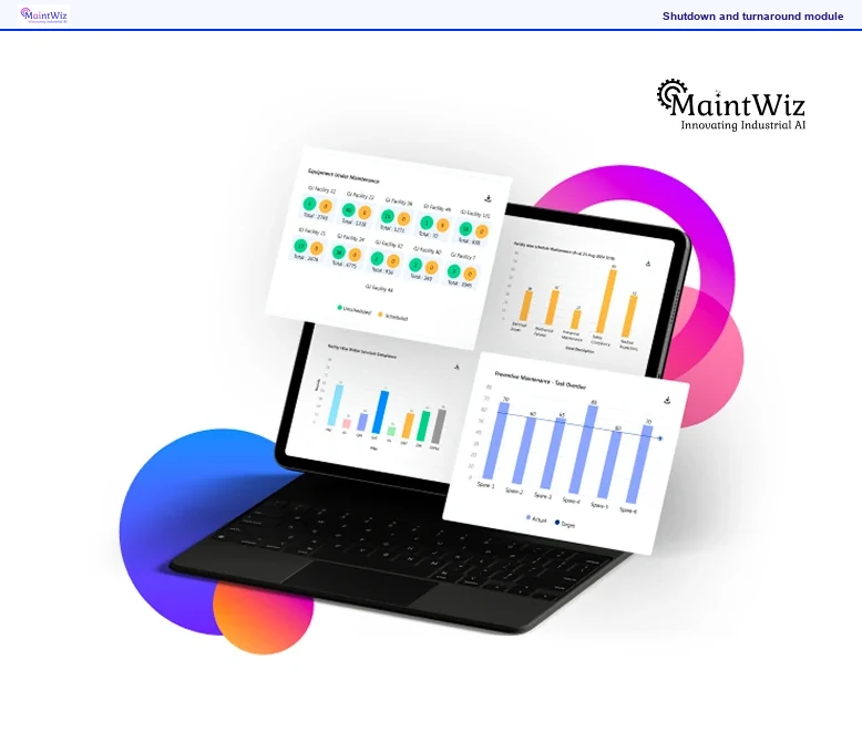 MaintWiz analytics dashboards on a laptop and tablet showing sample status and bar charts