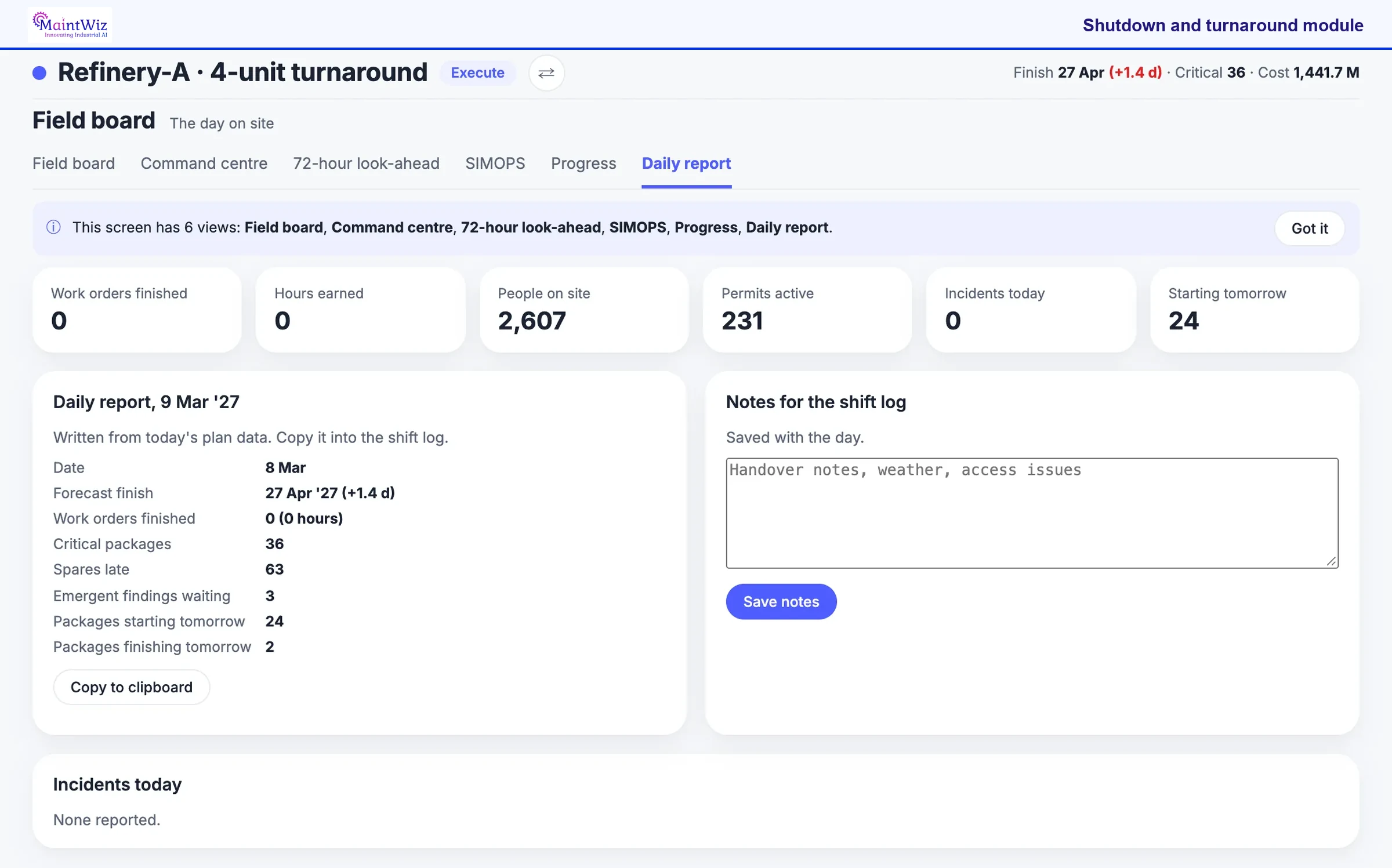 MaintWiz: daily report with shift log notes and incidents today
