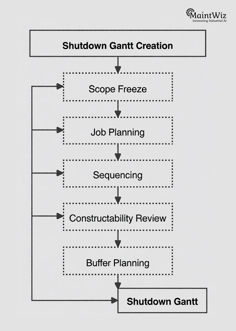 Flowchart of shutdown Gantt creation: scope freeze, job planning, sequencing, constructability review and buffer planning