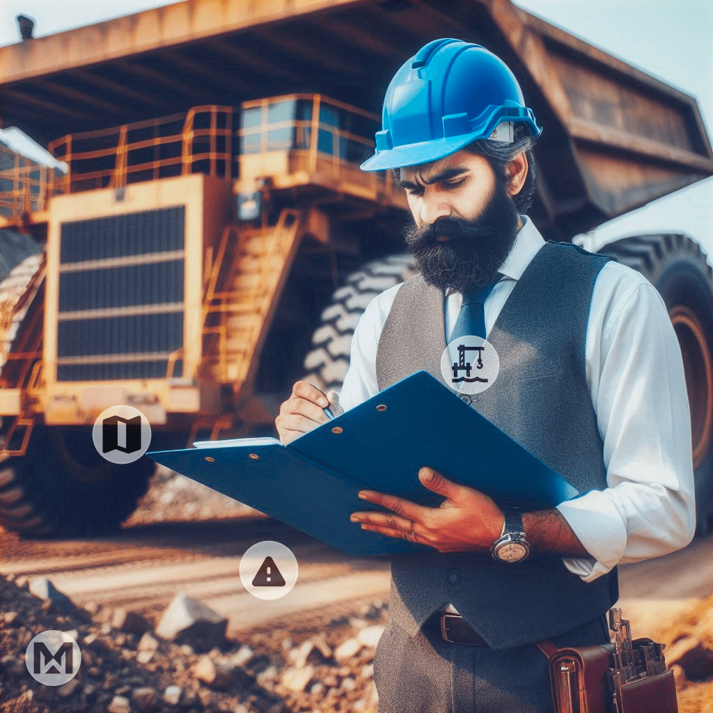 Mining engineer in a blue hard hat with a clipboard, showcasing AI-Powered MaintWiz CMMS for Metals & Mining to reduce costs and boost efficiency.