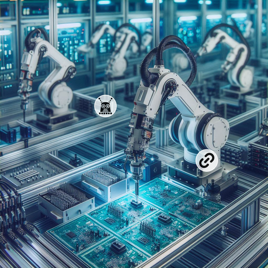 Robotic arms assembling semiconductor components, ensuring operational excellence in the semiconductor industry with AI-enhanced MaintWiz CMMS.