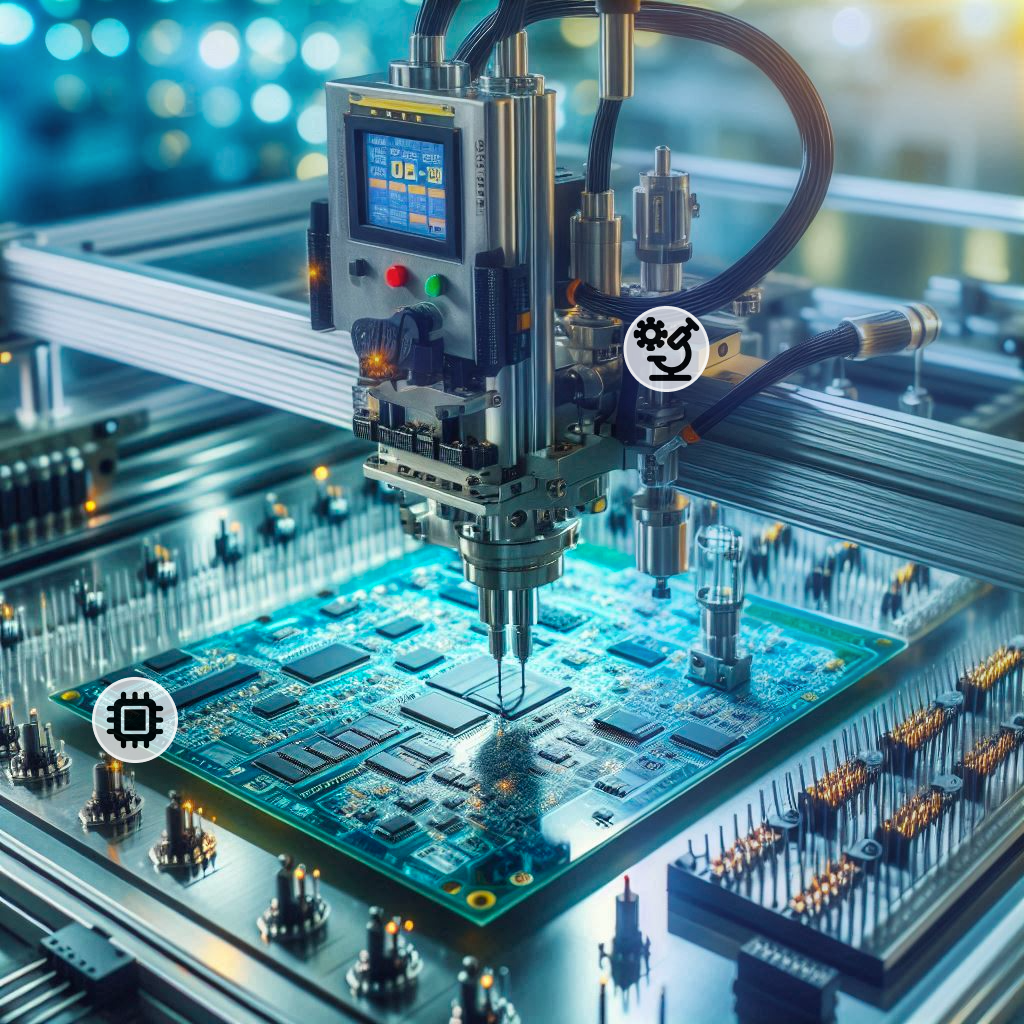 Automated machinery inspecting a semiconductor circuit board. Ensure real-time monitoring in semiconductor production with AI-powered MaintWiz CMMS.