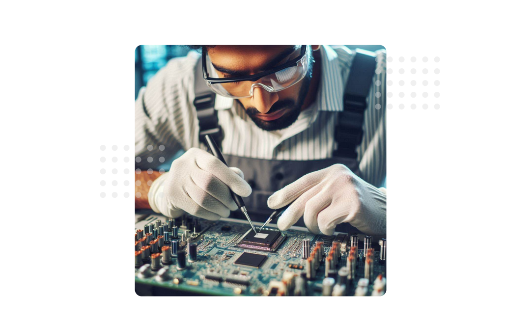 Engineer inspecting a circuit board; MaintWiz AI-powered CMMS used in the Electronics and Semiconductor industry.