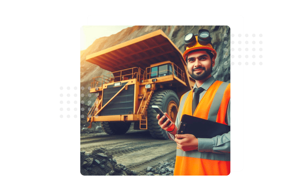 A mining engineer uses AI-Powered MaintWiz CMMS on a smartphone, standing in front of a large mining truck in an industrial setting.