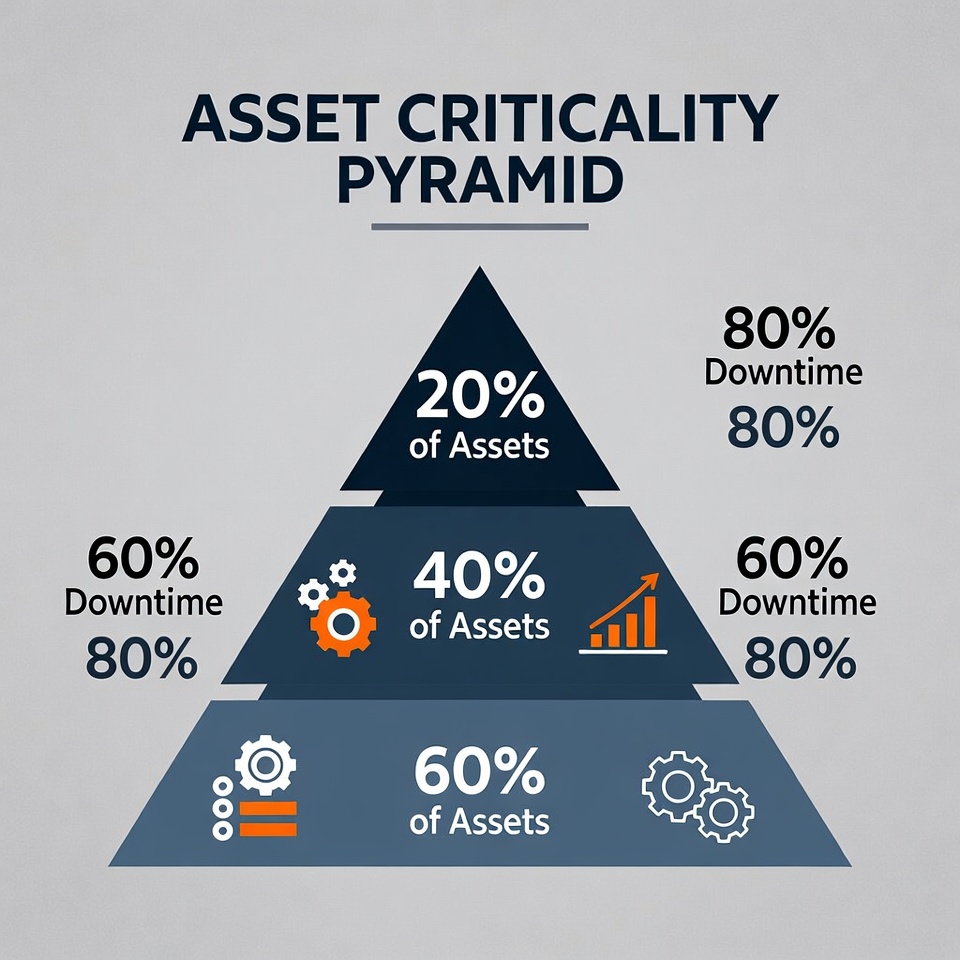 Asset criticality pyramid illustrating how 20 percent of assets cause most equipment downtime in industrial maintenance.