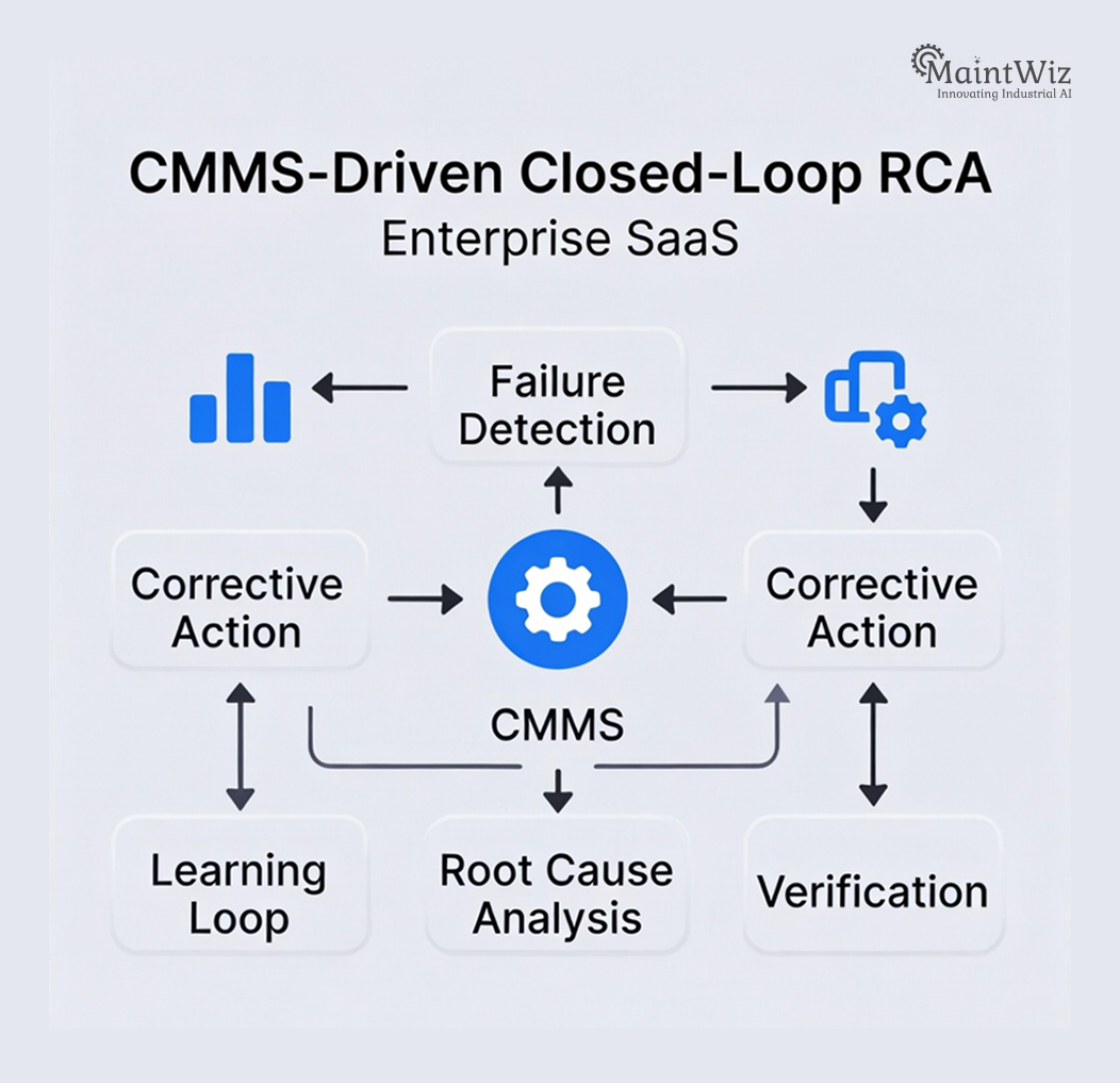 Diagram showing CMMS enabling closed-loop root cause analysis and corrective action tracking.