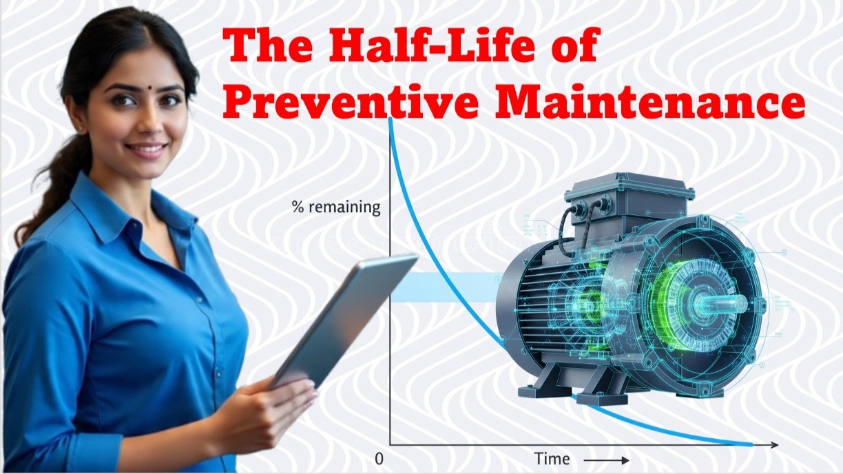 Illustration showing the half-life of preventive maintenance with declining effectiveness over time and an industrial motor analyzed using digital maintenance data.