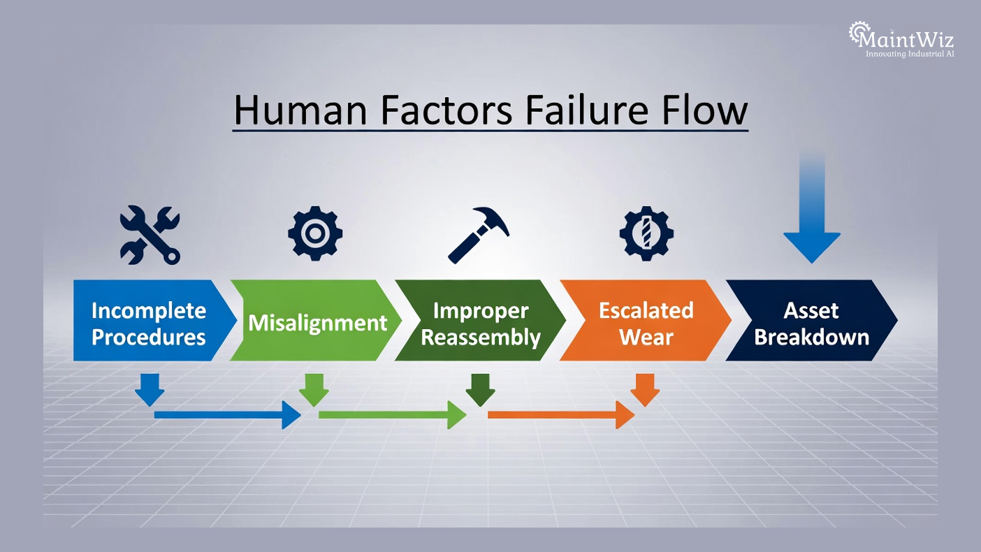 Flowchart showing human factors leading to equipment failure in industrial maintenance.