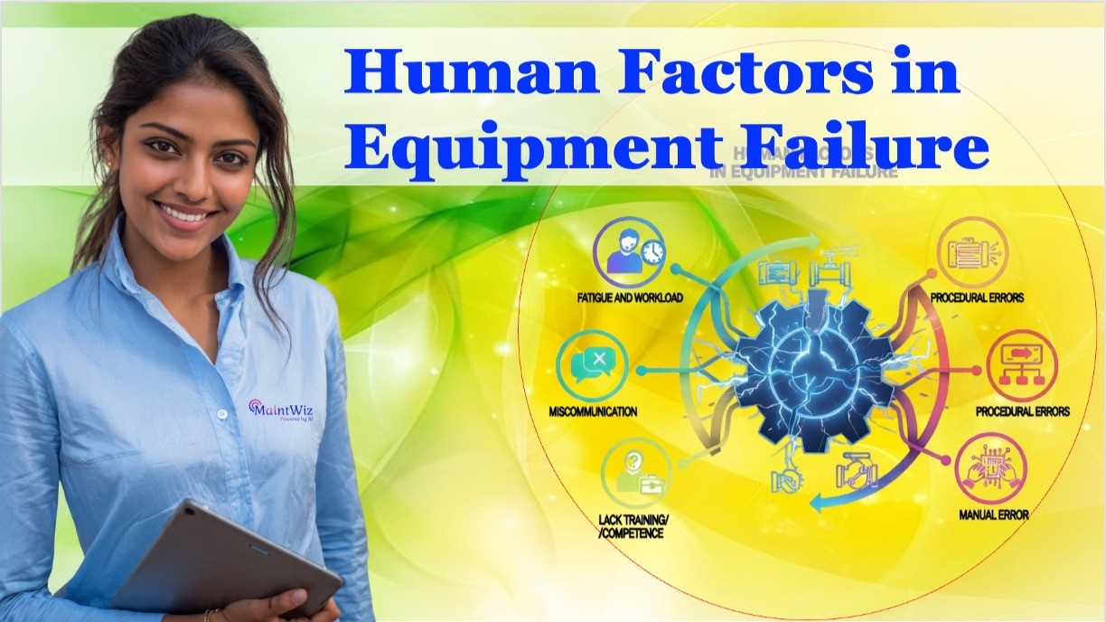 Human factors in equipment failure showing how fatigue, miscommunication, lack of training, and procedural errors contribute to maintenance-related breakdowns.