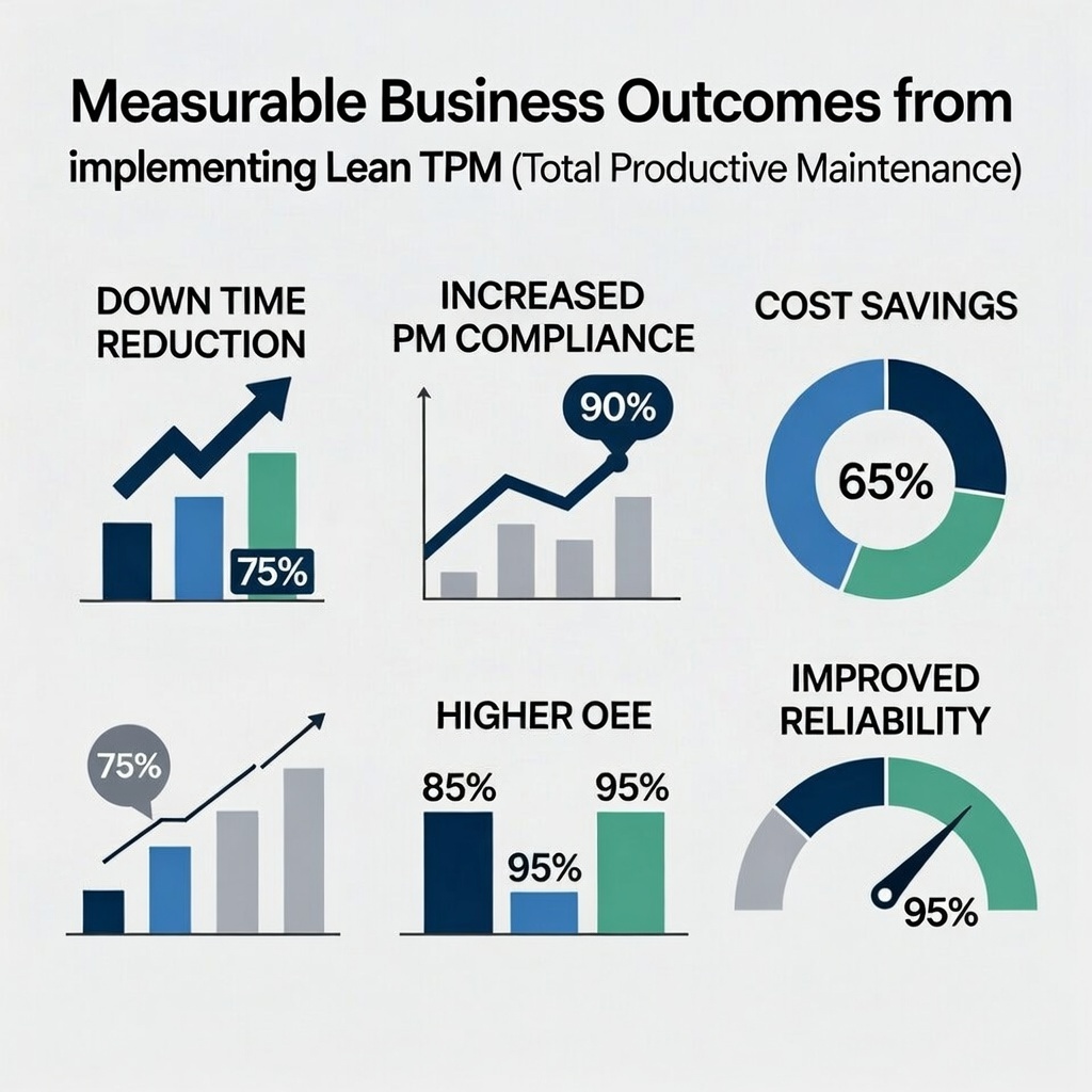 Lean TPM outcomes showing reduced downtime, higher OEE, improved reliability, and maintenance cost savings.