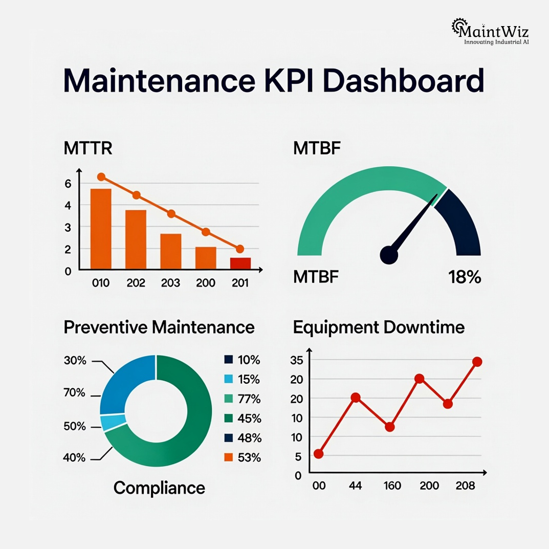Maintenance KPI dashboard showing MTTR trends, MTBF gauge, preventive maintenance compliance, and equipment downtime metrics.