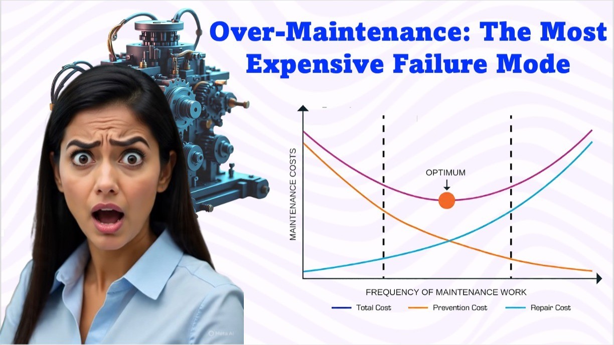 Graphic illustrating how over-maintenance becomes the most expensive failure mode by increasing total maintenance costs beyond the optimal maintenance frequency.