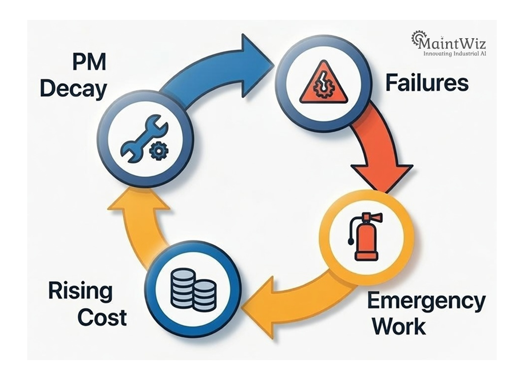 Preventive maintenance half-life cycle showing PM decay leading to failures, emergency repairs, and rising maintenance costs