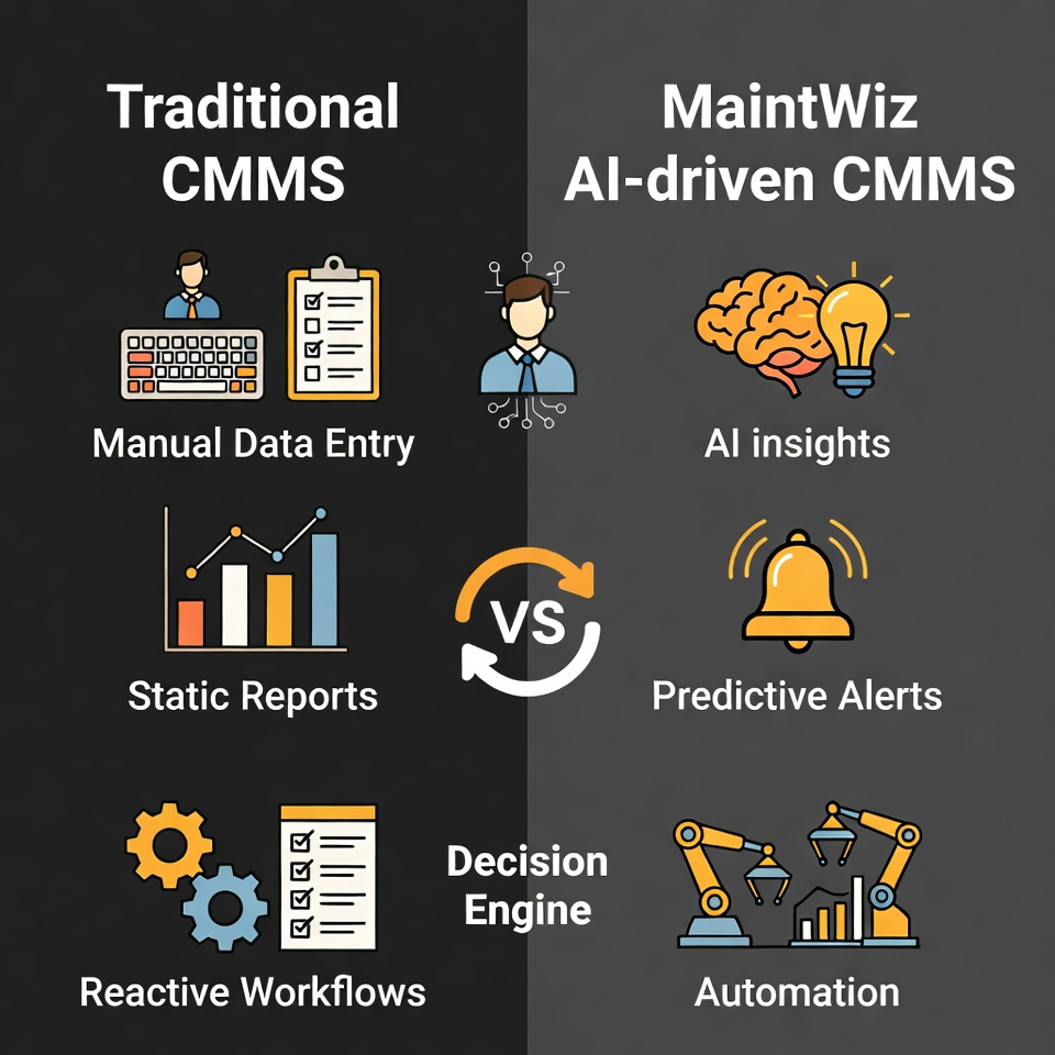 Comparison of traditional CMMS versus AI-driven CMMS showing automation, predictive alerts, and decision intelligence.