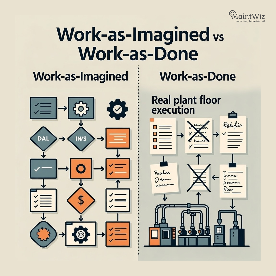 Diagram showing the gap between planned maintenance procedures and actual work performed by technicians on the plant floor.