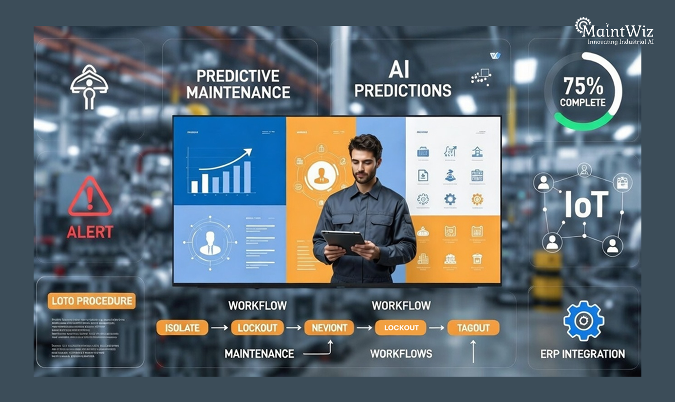 Industrial technician using AI CMMS for intelligent Lockout/Tagout safety execution