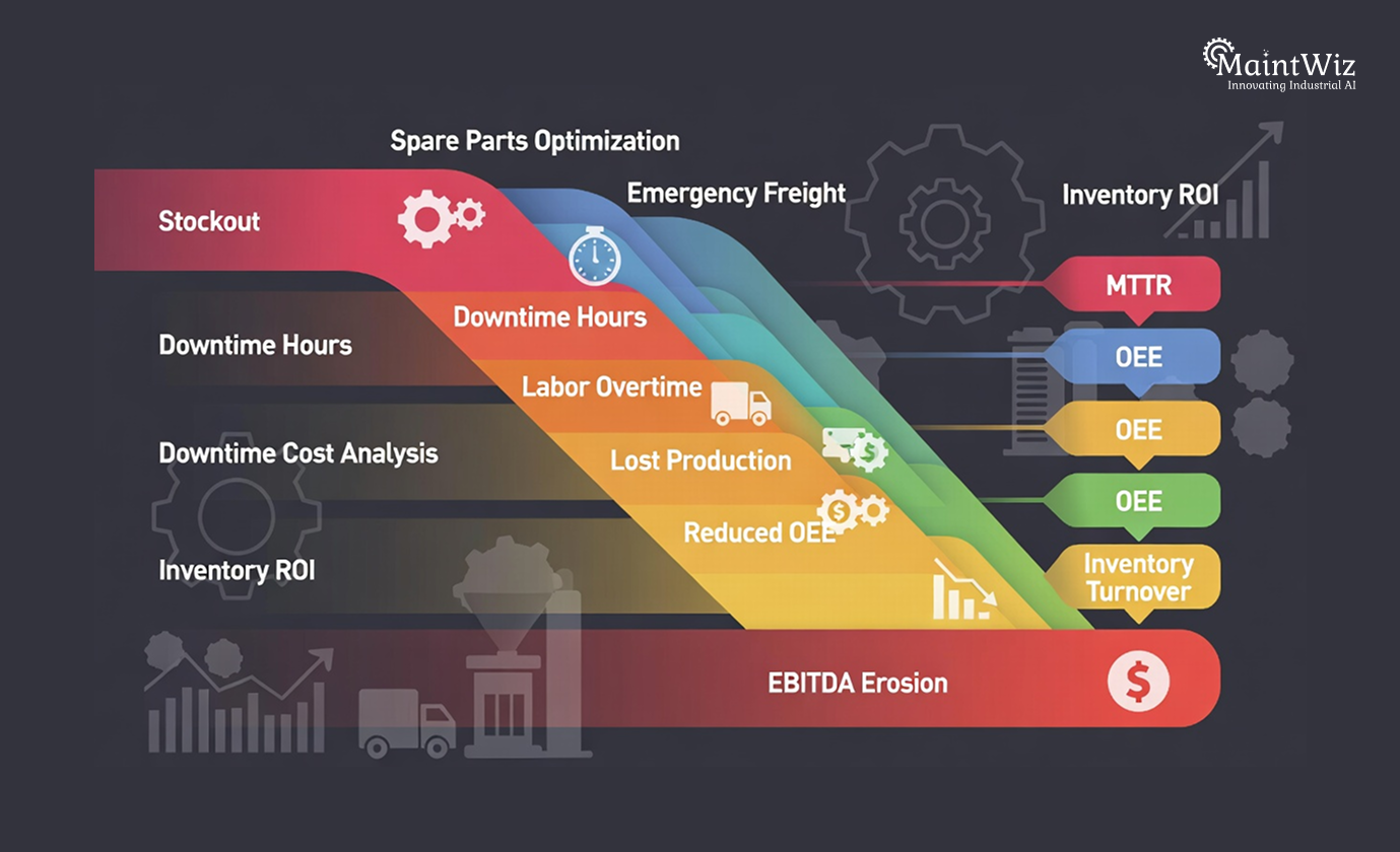 Downtime cost waterfall showing how stockouts and spare parts delays lead to lost production, reduced OEE, and EBITDA erosion