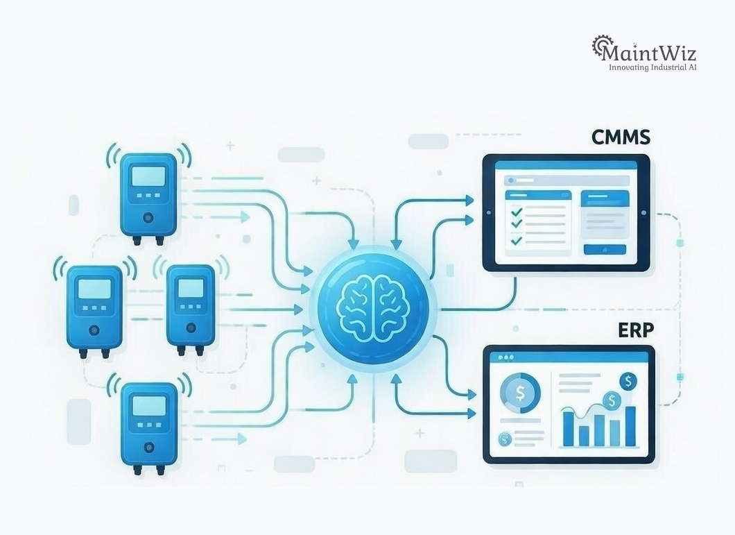 Flow diagram of IoT energy data feeding AI analytics, CMMS, and ERP systems