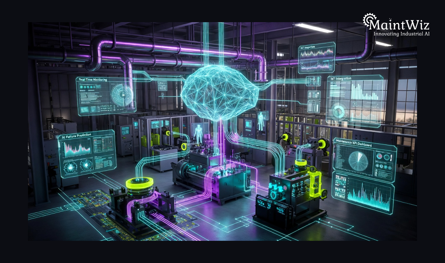 Smart factory environment with AI-driven analytics, predictive maintenance dashboards, and connected industrial assets.