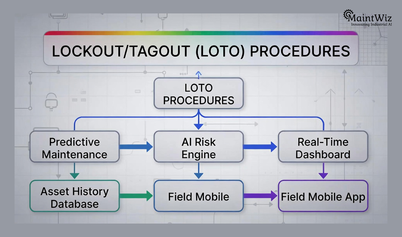 Infographic showing integration of Lockout/Tagout procedures with predictive maintenance, asset history, AI analytics, and real-time dashboards.