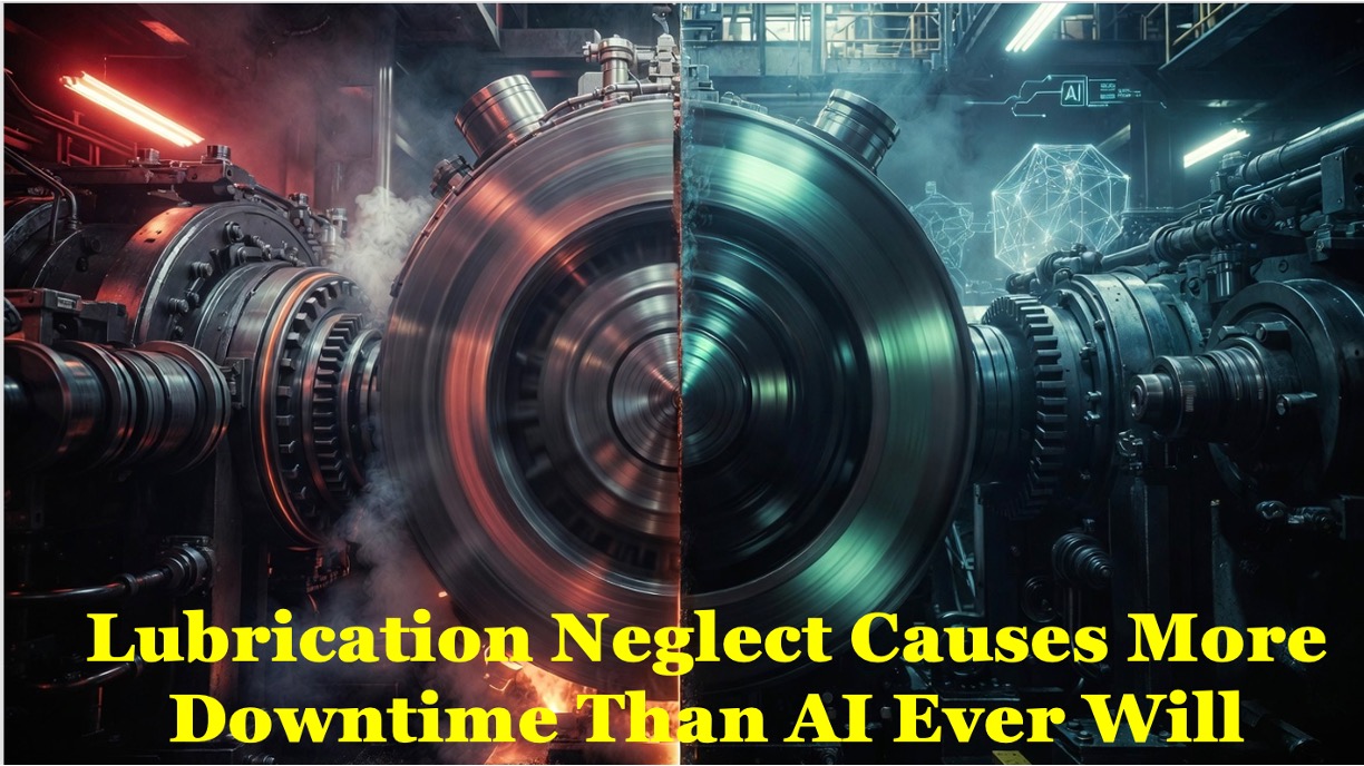 Split industrial machinery showing the impact of lubrication neglect versus optimized maintenance, highlighting downtime caused by poor lubrication practices.