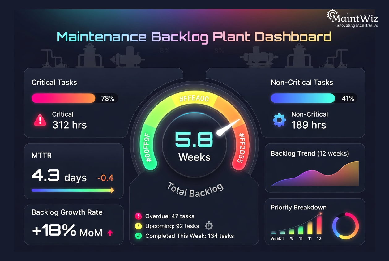 CMMS dashboard showing maintenance backlog hours and overdue work orders