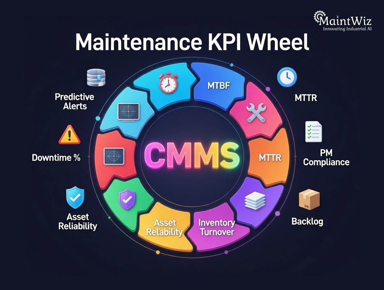 Maintenance KPI wheel showing MTTR MTBF PM compliance downtime and asset reliability