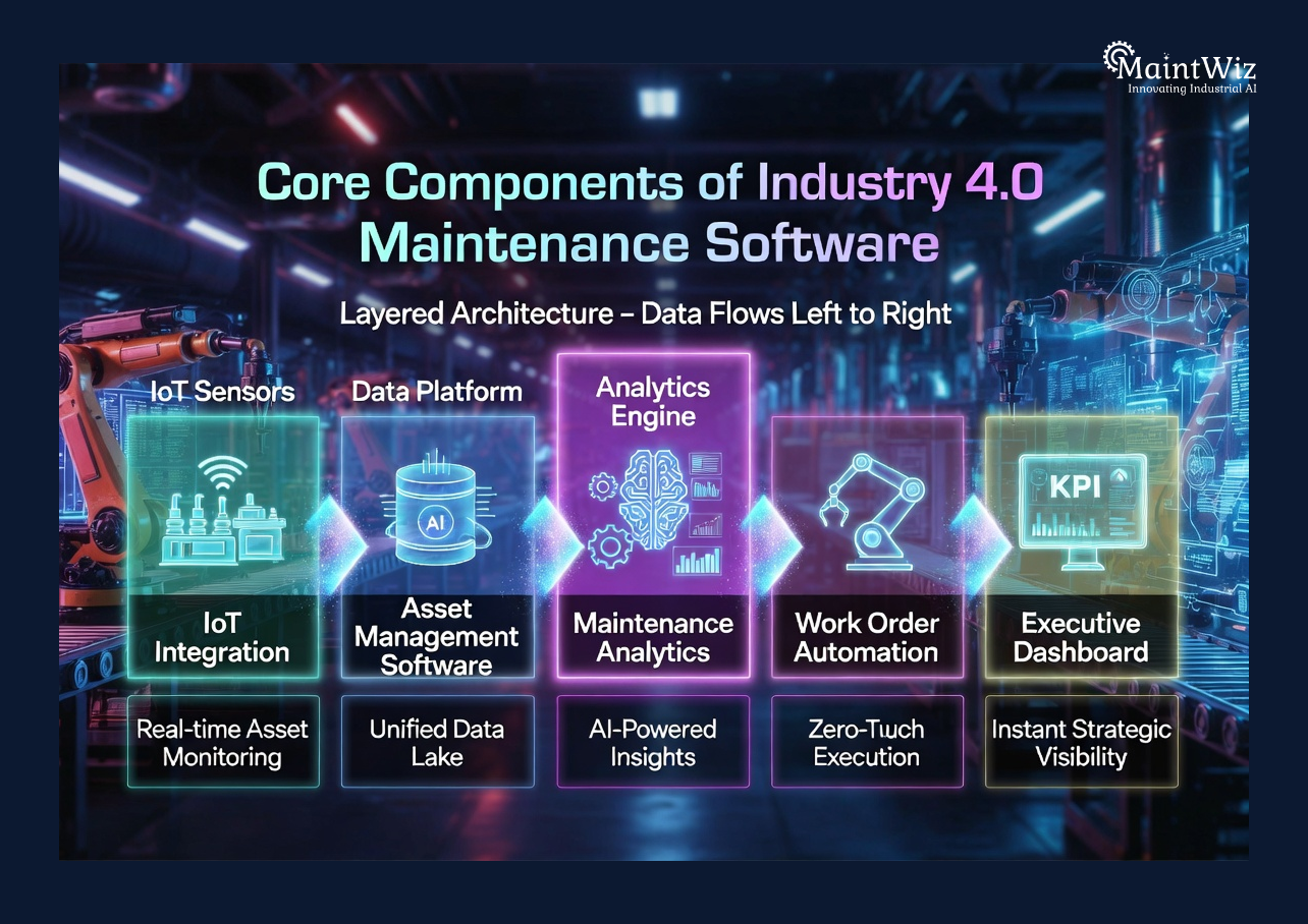 Core components of Industry 4.0 maintenance software including IoT, analytics, CMMS, and dashboards