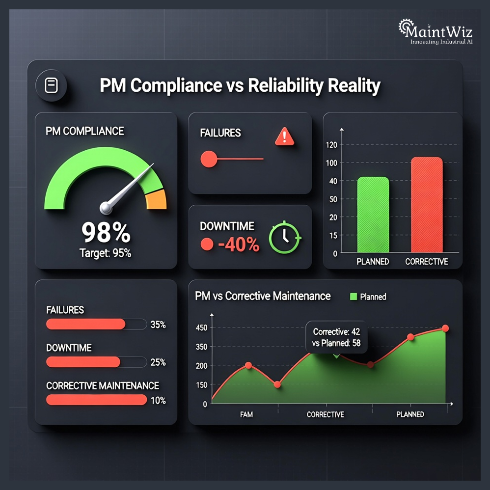 Dashboard showing high preventive maintenance compliance alongside increasing failures and unplanned downtime.