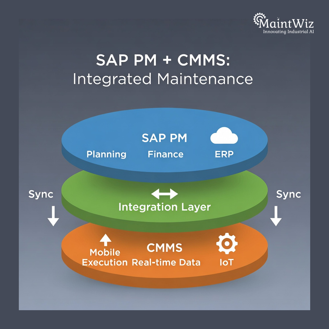 Architecture diagram showing SAP PM integrated with CMMS for unified maintenance workflows.