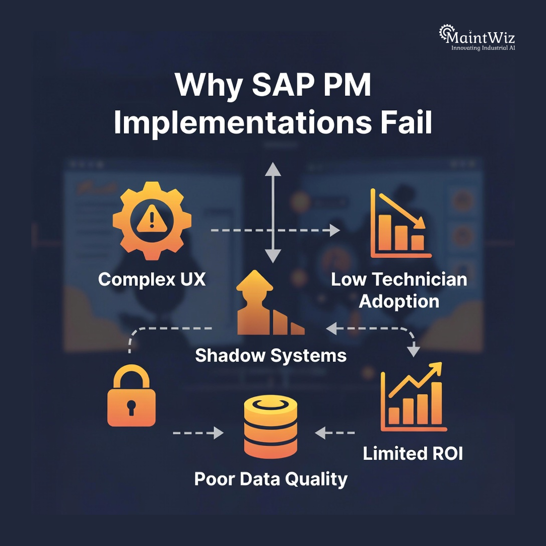 Diagram showing common SAP PM implementation failures such as low adoption and shadow systems.