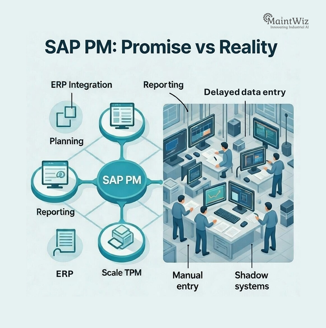 Comparison showing SAP PM enterprise planning strengths versus execution challenges on the plant floor.