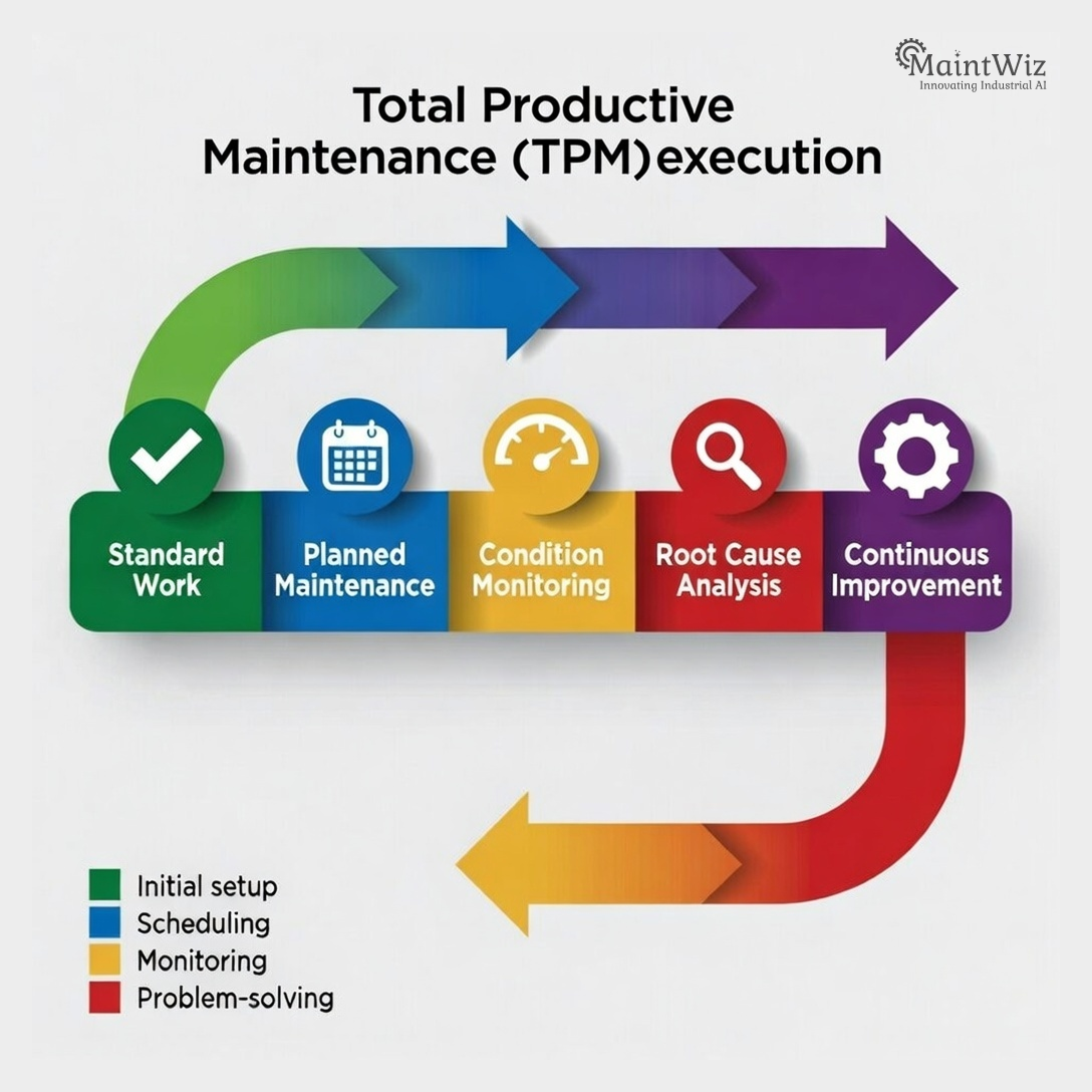 Structured TPM process flow showing how standardization reduces reactive maintenance
