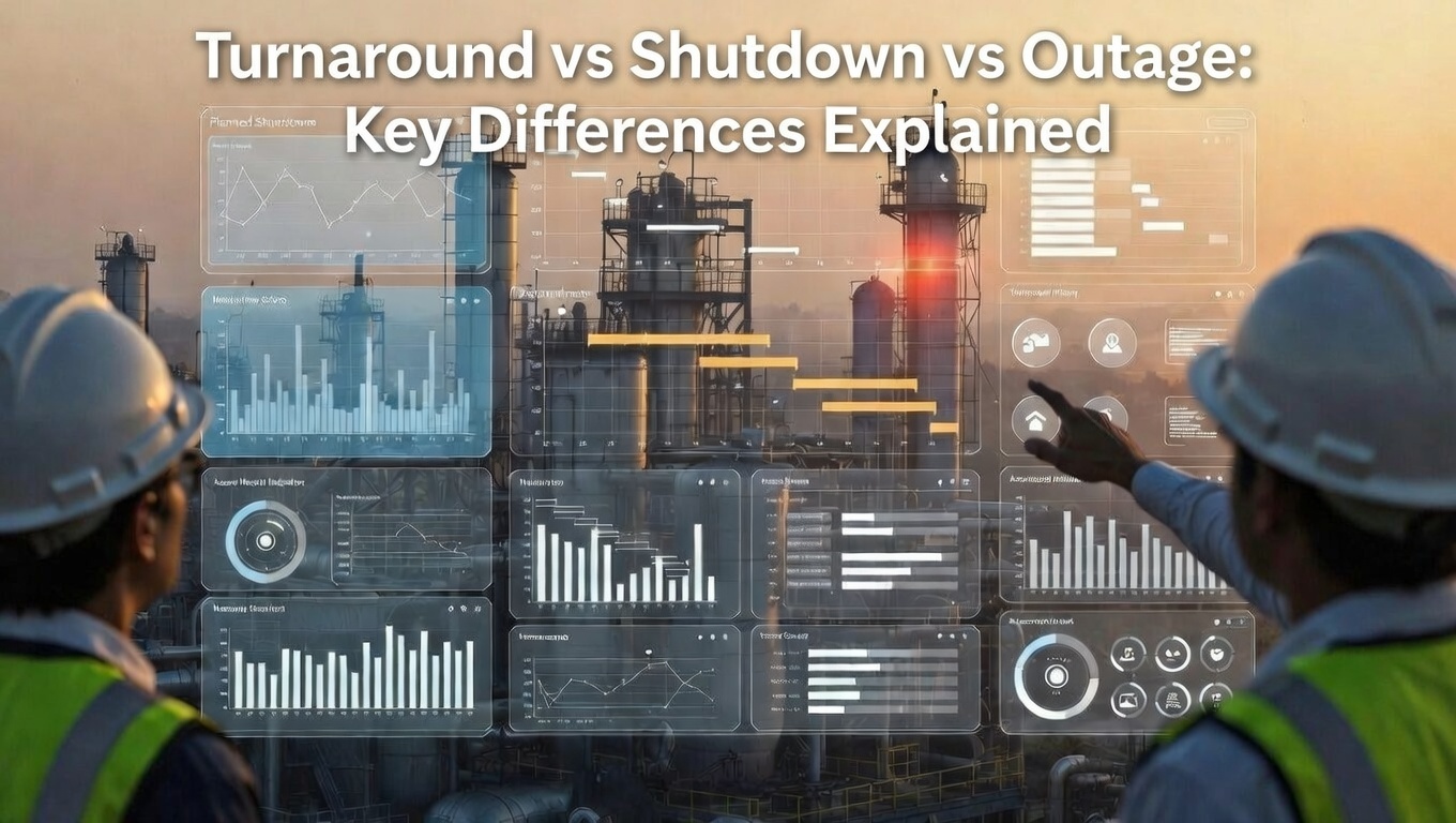 Industrial refinery engineers reviewing digital dashboard for turnaround, shutdown, and outage planning.