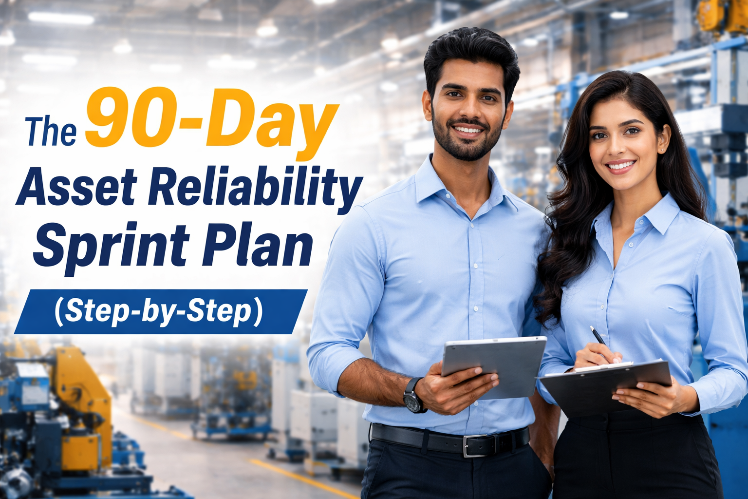 maintenance professionals in factory holding tablet and checklist representing 90 day asset reliability sprint plan for improving uptime and reducing downtime
