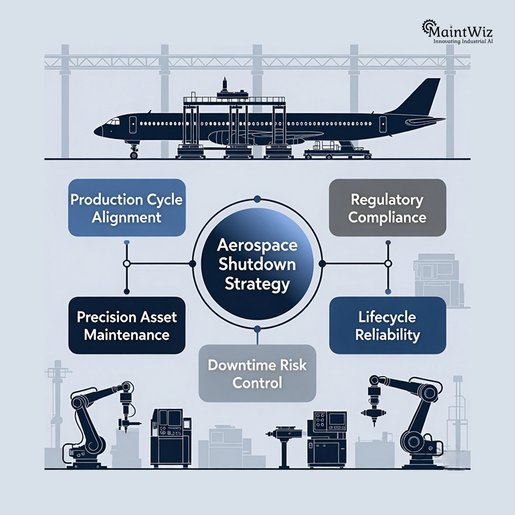 Aerospace plant shutdown strategy infographic showing maintenance planning, compliance alignment, and precision asset lifecycle management.