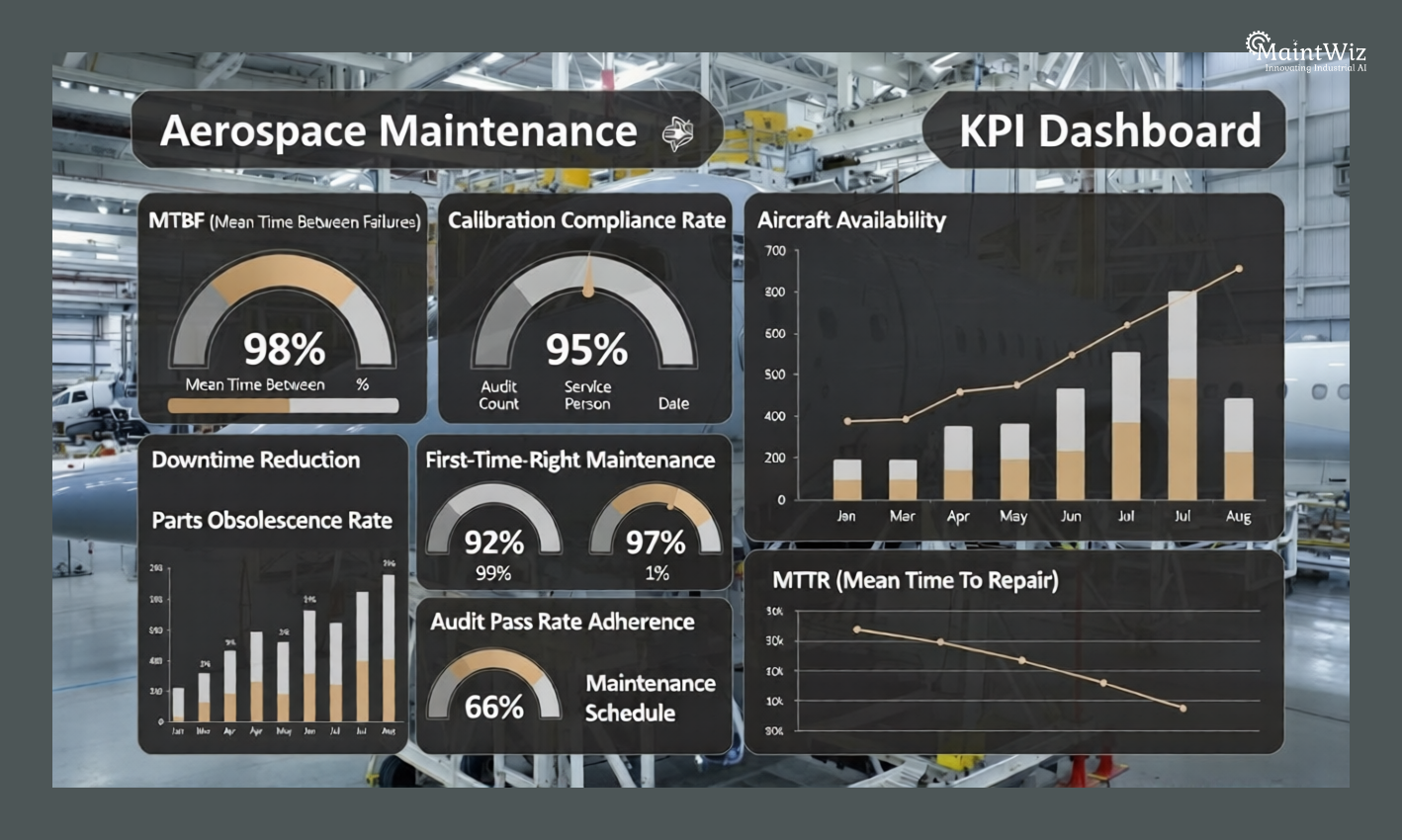 Aerospace shutdown maintenance KPI dashboard showing reliability metrics and compliance indicators.