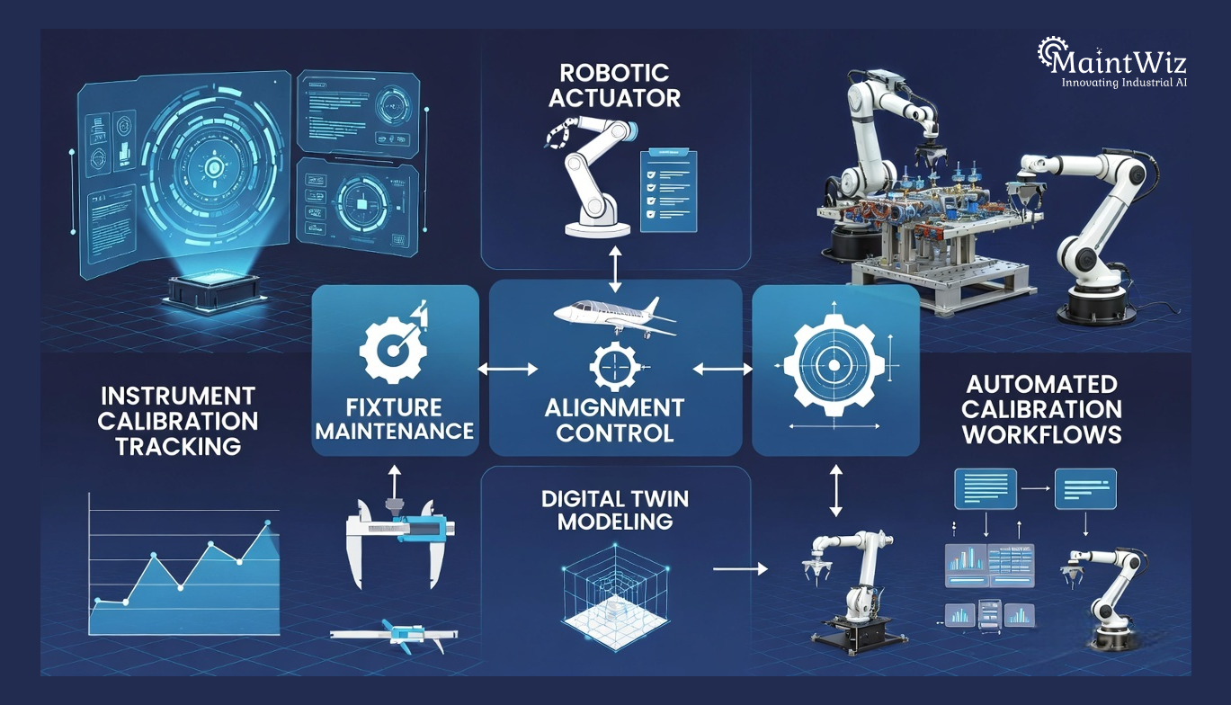 Aerospace tooling calibration and robotic maintenance infographic showing precision asset shutdown management.