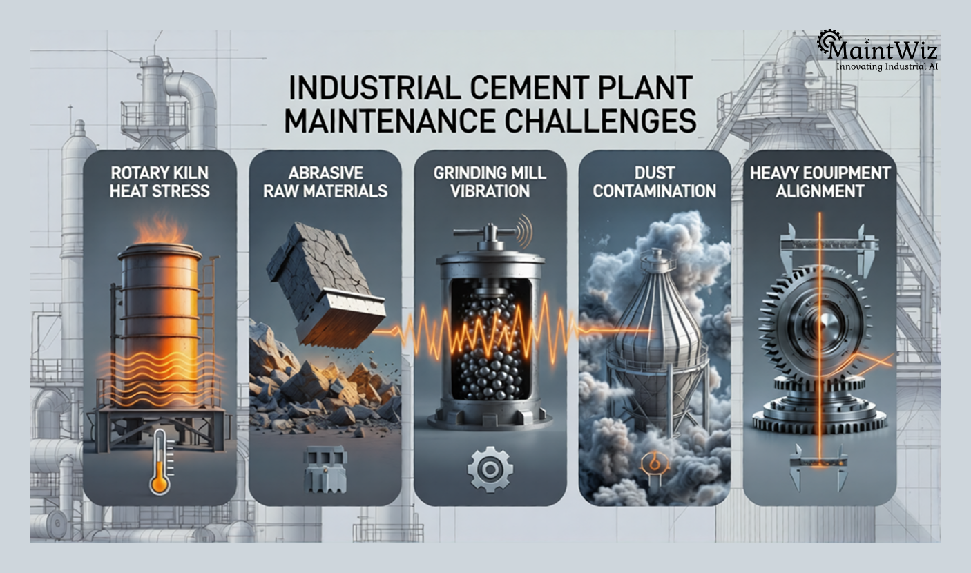 Infographic showing maintenance challenges in cement plants including kiln heat stress, abrasive wear, grinding mill vibration, and dust contamination.