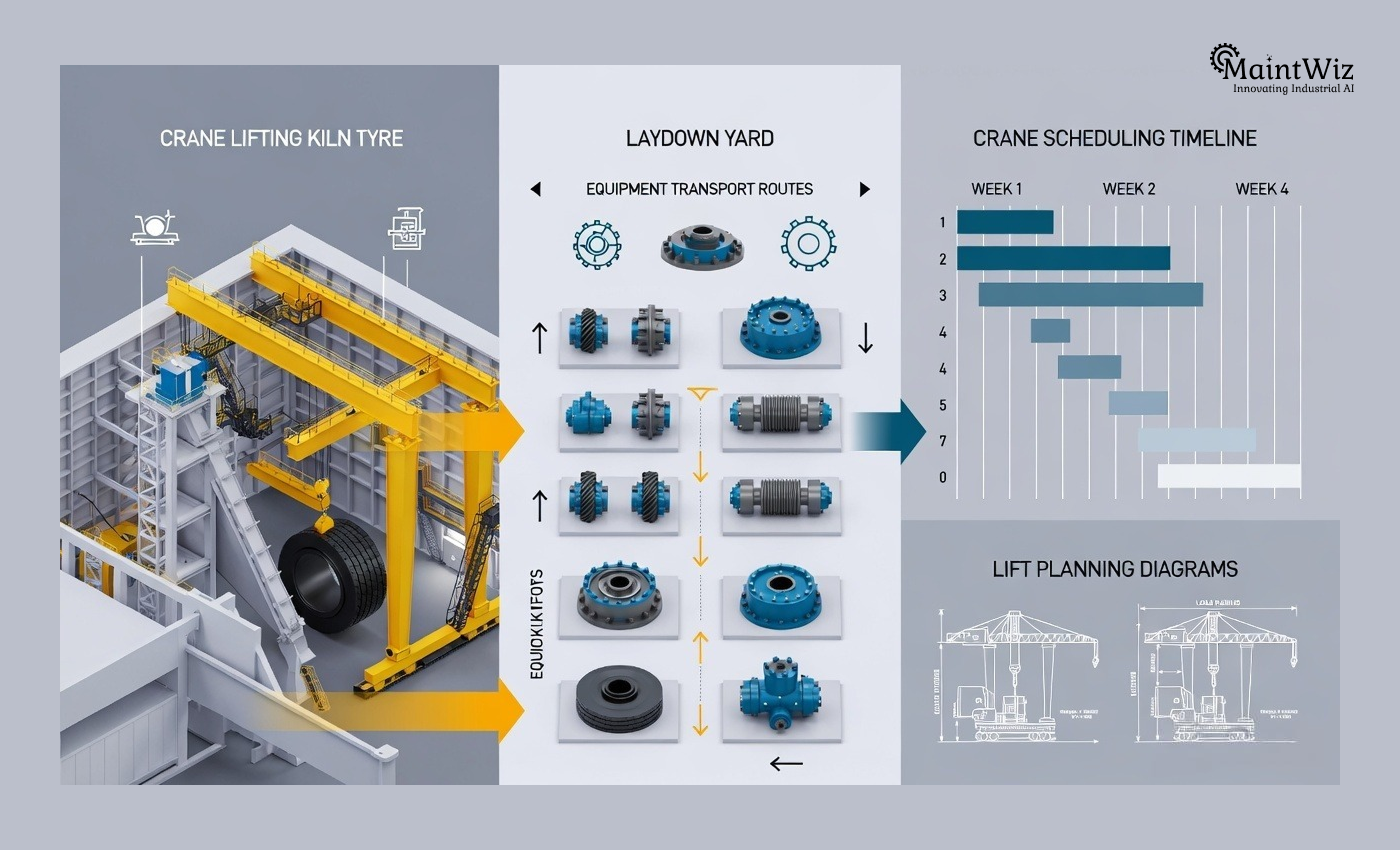 Infographic showing crane lifts, kiln component handling, and heavy equipment logistics during cement plant shutdowns.