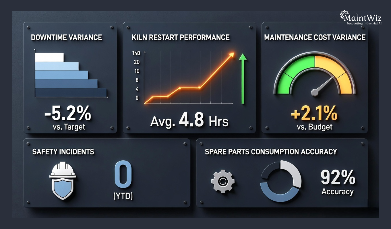 Infographic displaying cement plant shutdown KPIs including restart performance, cost variance, downtime reduction, and safety metrics.