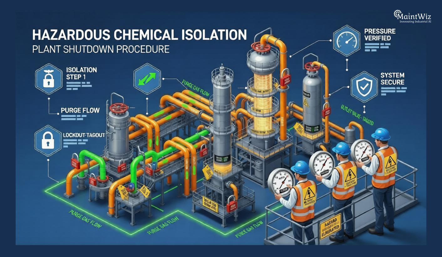 Infographic showing chemical tank and pipeline isolation procedures during plant shutdown maintenance.