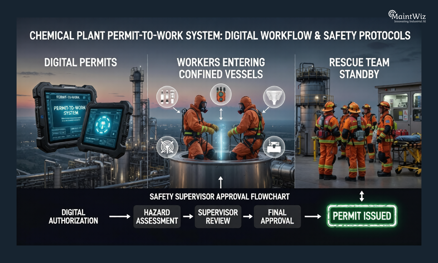 Permit-to-work workflow showing safety checks before entering confined spaces in chemical plant maintenance.