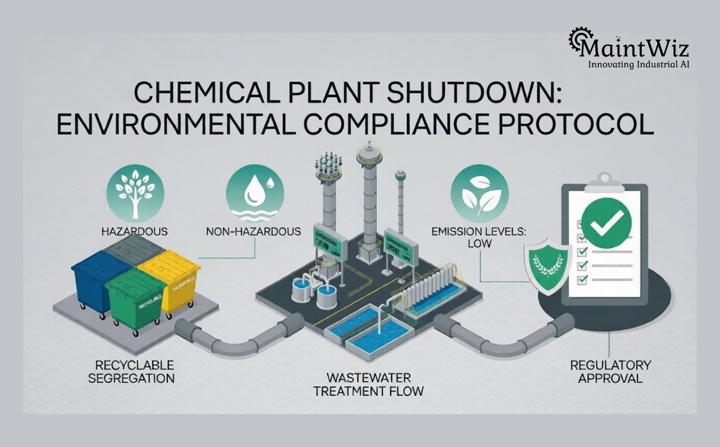 Industrial infographic showing waste management, emissions monitoring, and environmental controls during chemical plant shutdown.