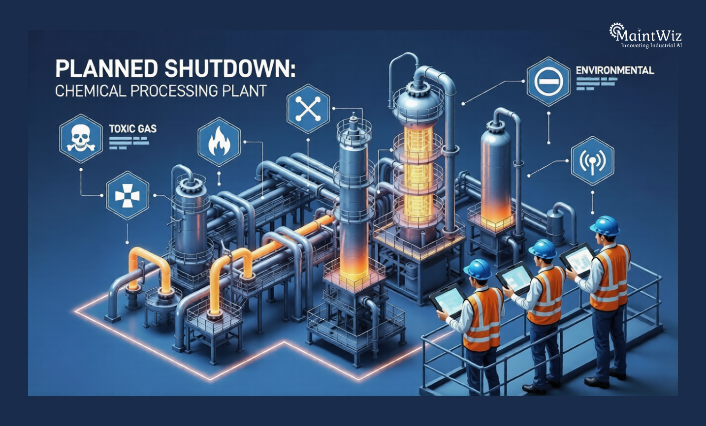 Industrial infographic showing major risks during a chemical processing plant shutdown including toxic exposure, fire hazards, and confined space work.