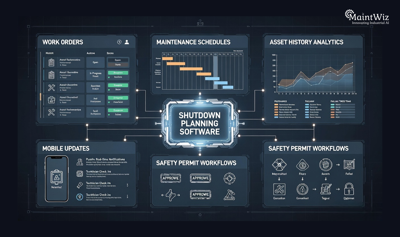 Infographic showing CMMS system managing cement plant shutdown schedules, work orders, and asset maintenance tasks.