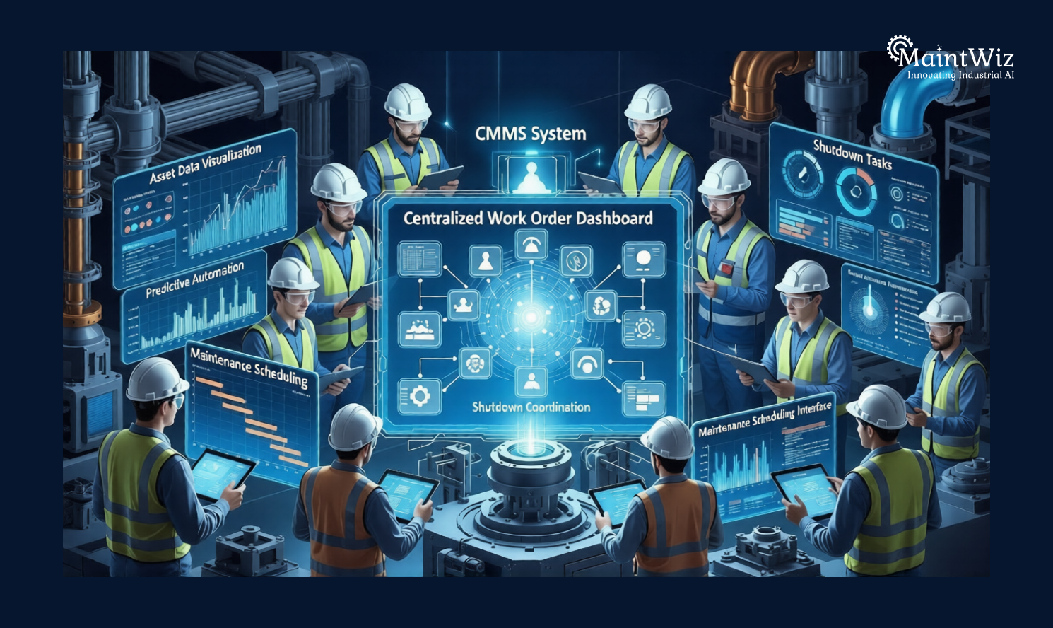 CMMS software dashboard coordinating maintenance tasks during chemical plant shutdown.