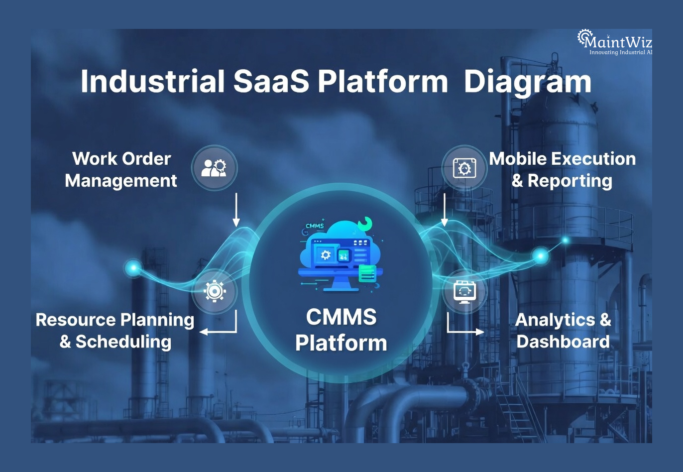 Diagram showing CMMS system enabling shutdown optimization and critical chain analysis
